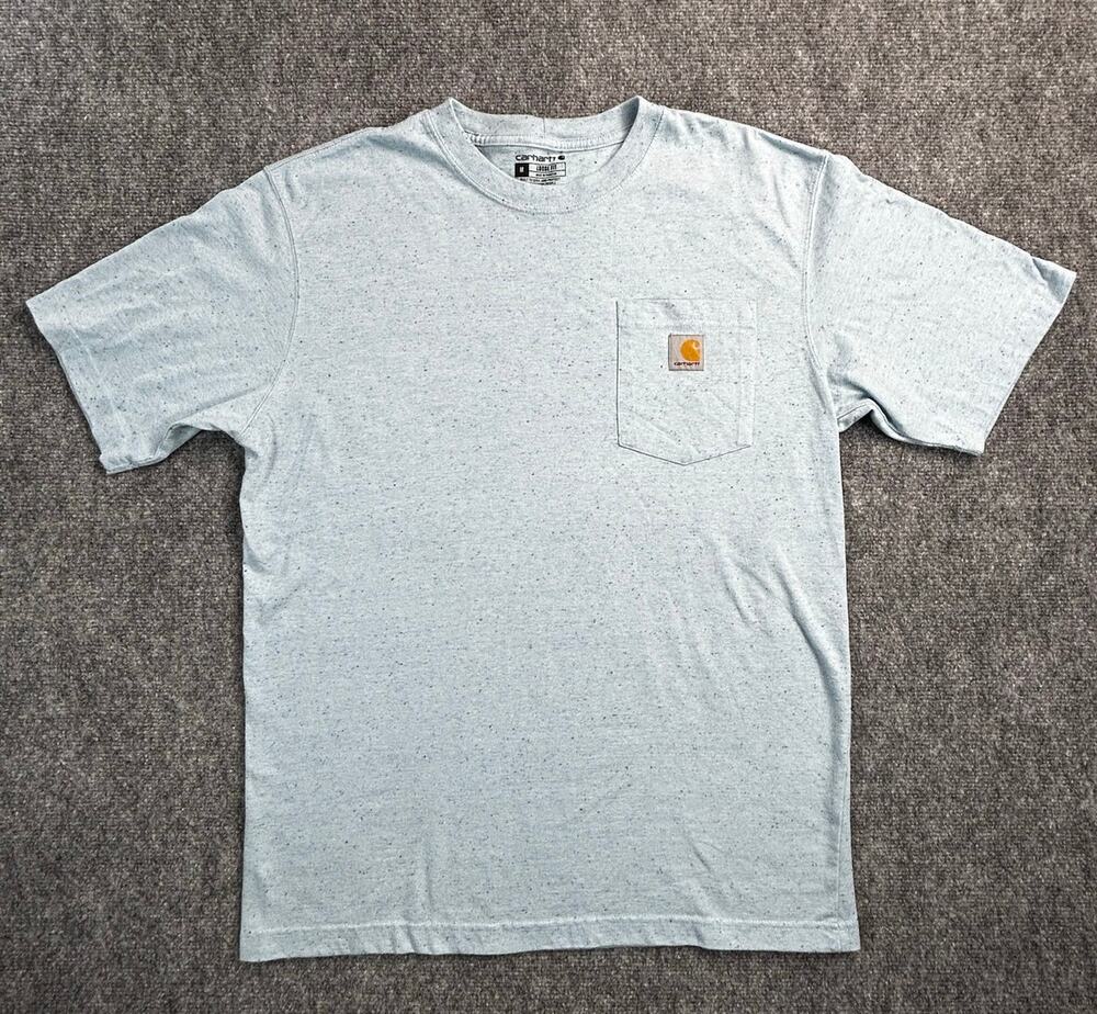 Carhartt Loose Fit Pocket T-Shirt Men's Medium Light Blue Speckled Logo Tee - Picture 1 of 6